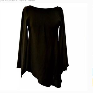 Laundry by Shelli Segal Black Asymmetrical Top with Long Bell Sleeves, Size  M